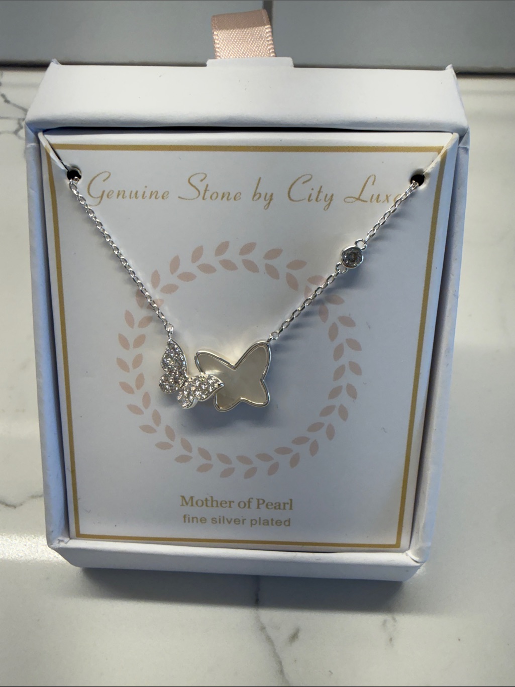 Mother Of Pearl Butterfly Necklace  Silver